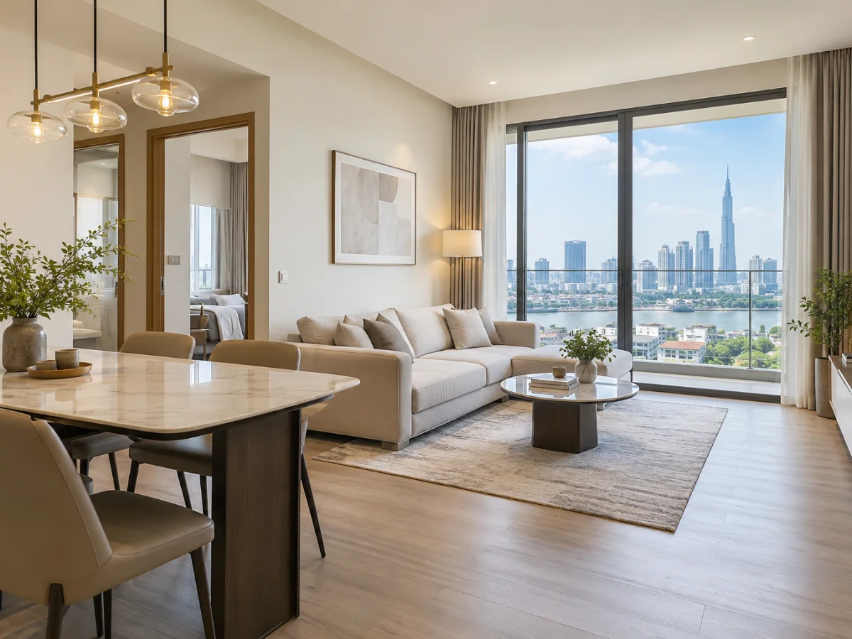Phòng khách căn hộ 2 phòng ngủ có view thành phố